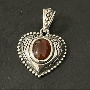 Vintage 925 Sterling Silver Red Orange Stone Heart Pendant